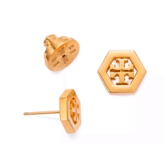 Tory Burch Gold Logo Hex Earrings - Picture 2 of 4